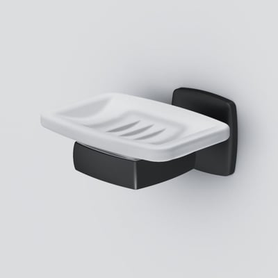 AM.PM Gem Glass sæbeskål i mat sort med hvid indsats, vist fra siden på en grå baggrund.