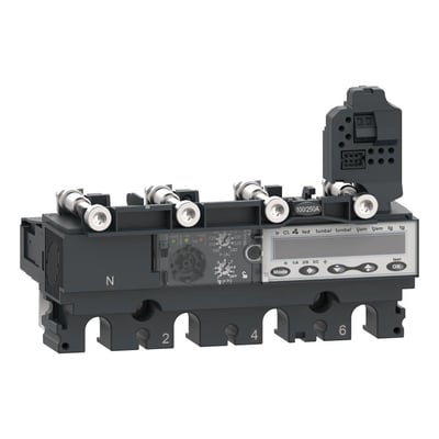 Schneider Electric Micrologic 6.2 E relæ med 4 poler og 250A mærkestrøm, vist fra siden med tydeligt display og justeringsknapper.