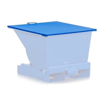 Blåt fladt låg til 600 liters vippecontainer, lavet af 1,5 mm stålplade med blå RAL 5005 pulverlakering.