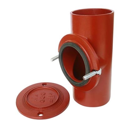 Preis & Co SML renserør i 100mm med rundtdæk og løs pakning med bolte på hvid baggrund.