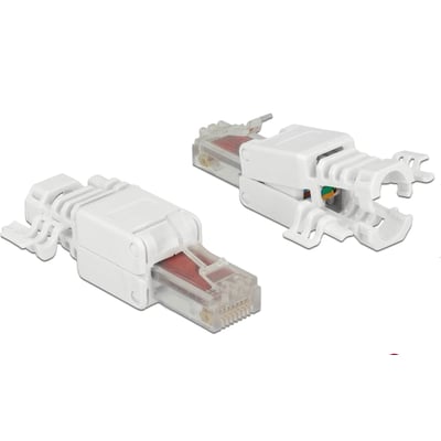 Hvidt værktøjsfrit DeLock RJ45-stik til Cat. 6 UTP, vist fra to vinkler med den gennemsigtige stikende synlig.