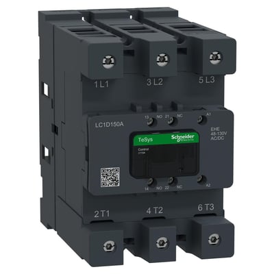 Schneider Electric TeSys Deca Advanced 3-polet kontaktor, 150A med 48-130V AC/DC spole, vist fra siden med tydelig mærkning.