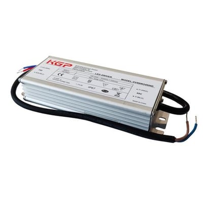 KGP LED driver til LED strips, 96W, 24V, med mærkning og kabeltilslutninger, monteret på en letbuet metalramme.