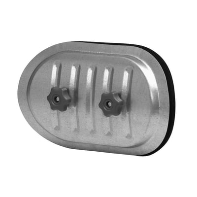 Lindab inspektionslem Safe IPLR 200mm rør, vist med siden mod beskueren, med synlig neopren tætningsliste og grå plastgreb.