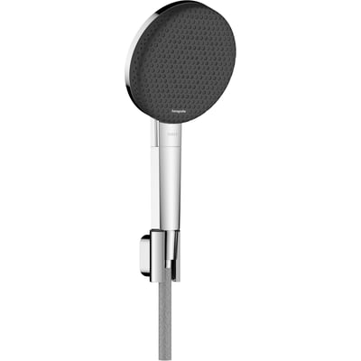 Hansgrohe Raindance Alive Select S bruserhoved i krom med grafitsort stråleskive og tekstilbruseslange.