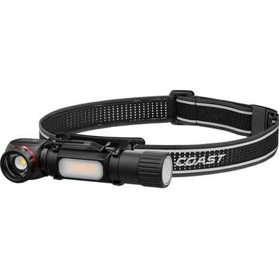 Coast TXM55R genopladelig pandelampe med 1500 lumen, viser et bredt sort pandebånd med reflekser og et robust aluminiumslygtehoved.