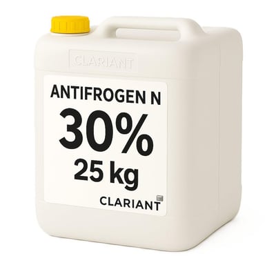 Clariant Antifrogen N glykol 30 % i en hvid 25 kg dunk med gult låg, set skråt forfra.