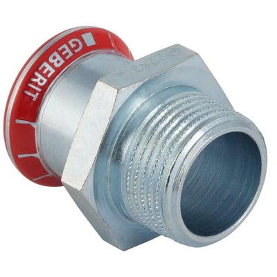 Detaljebillede af Geberit Mapress FZ overgang, viser 28mm muffe og 3/4" udvendigt gevind samt presseindikator.