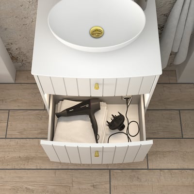 Dansani YOU 80 cm badeværelsesmøbel med åben skuffe indeholdende et hvidt håndklæde og en sort hårtørrer.