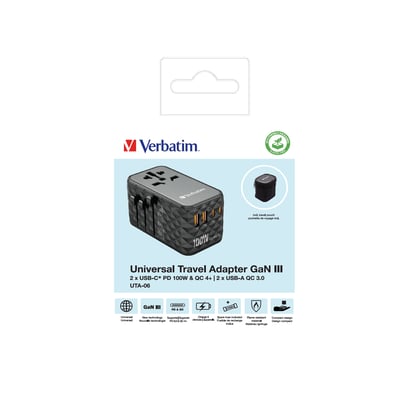 Emballagegrafik med Verbatim UTA-06 universel GaN III-rejseadapter, USB-porte og medfølgende rejseetui.