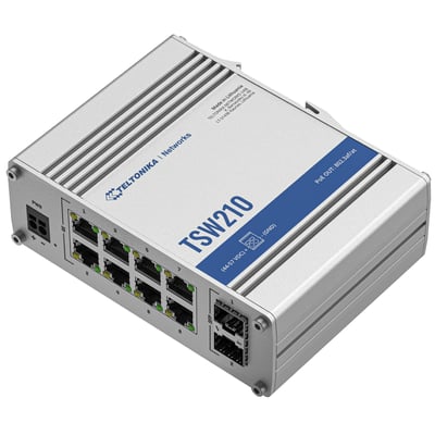 Teltonika TSW210 industriel switch med 8 RJ45 porte og 2 SFP porte, fremstillet i metal med køleribber.