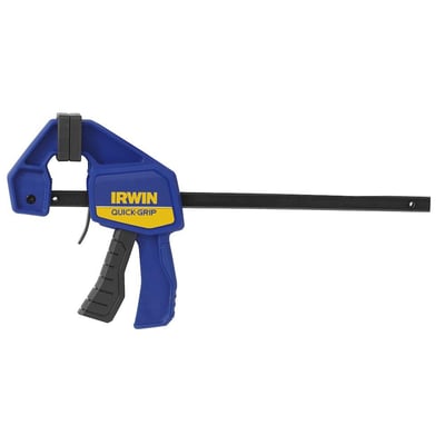 Irwin Quick-Grip mini énhåndstvinge i 150 mm, vist fra en let skrå vinkel, med tydelig Irwin-logo og grebsdetaljer.