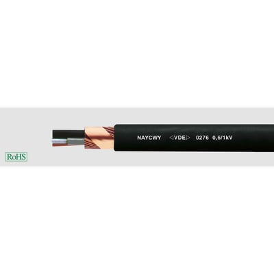 HELUKABEL installationskabel NAYCWY 0,6/1 kV med 4x95 sm/50 aluminiumsledere, vist med et udsnit af isolering og skærm.