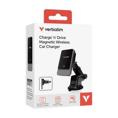 Verbatim Charge 'n' Drive Magnetic Wireless Car Charger emballage med billede af oplader monteret i bil.