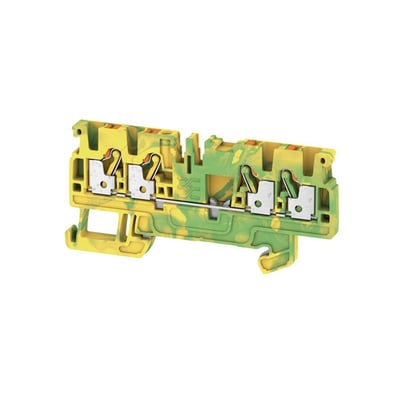 Detaljebillede af Weidmüller A4C 2.5 PE jordklemme med push-in teknologi, der viser de enkelte terminaler og 2.5mm² ledningsstørrelse.