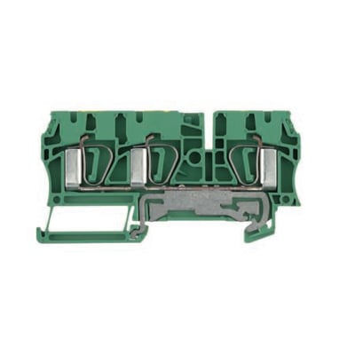 Weidmüller ZPE 4/3AN jordklemme, grøn, med 4mm² ledertværsnit og fjederterminaler på hvid baggrund.