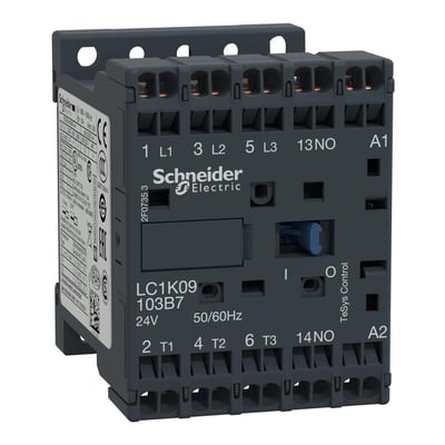 Schneider Electric TeSys K kontaktor LC1K09 103B7 med 9A, 3P+1NO og 24VAC styrespænding, vist med tydelige mærkninger og tilslutningsmuligheder.
