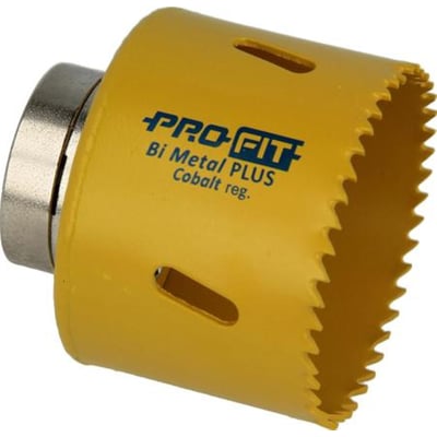 Gul PRO-FIT Plus Cobalt bimetal-hulsav på 64 mm med savtænder og integreret metaladapter, set skråt fra siden.