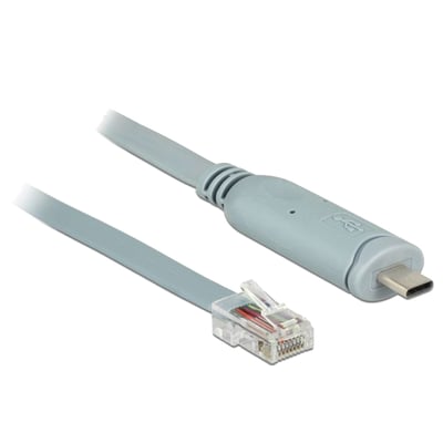 DeLock USB 2.0 TypeC til Serial RS-232 RJ45 adapterkabel på 1 meter i grå farve med tydelige konnektorer.