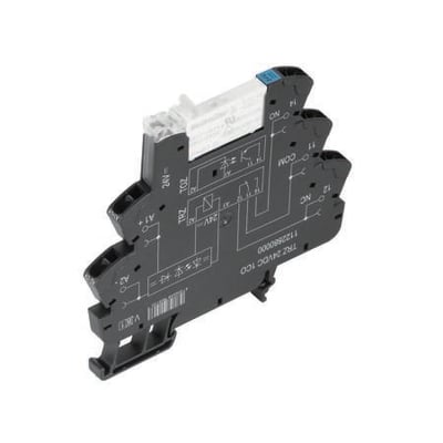 Weidmüller relæmodul TERMSERIES TRZ 24VDC 1CO med tydelige diagrammer og fjederterminaler, monteret på din-skinne.