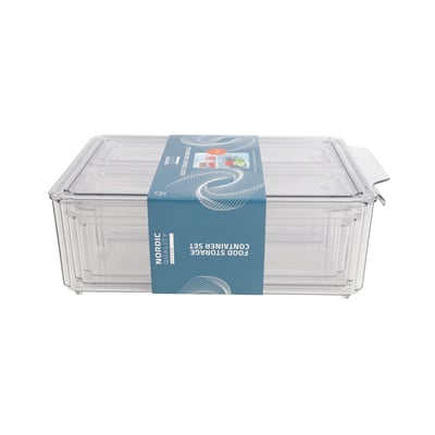Nordic Quality 7-delt sæt af transparente opbevaringsbokse i BPA-fri PET plast, vist fra forsiden.