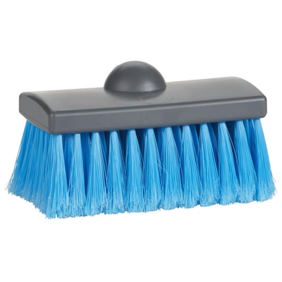 Nærbillede af Vikan vaskebørste 150mm i blå med fokus på de bløde, spaltede børstehår og vandgennemløbsfunktionen.