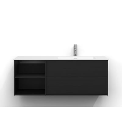 Svedbergs Epos underskab i sort ask, 120 × 45 cm, set forfra med to skuffer, åbne hylder og hvid vask.