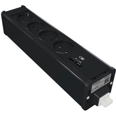 Lauritz Knudsen møbelboks i antracit med fire strømstik samt USB A og C porte på hvid baggrund.