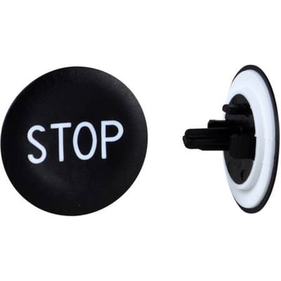 Schneider Electric trykflade med sort baggrund og hvidt STOP-symbol samt en krombelagt metalfrontring Ø 22 mm.