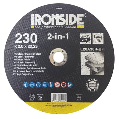 Ironside 2-in-1 skæreskive til stål og rustfrit stål med sort overflade, gul kant og centralt hul, set forfra.