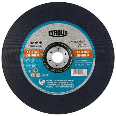 Tyrolit CERABOND X premium skrubskive til stål og rustfrit stål, 230x4x22,23mm, viser ekstra skarp kvalitet og 2-i-1 funktion.