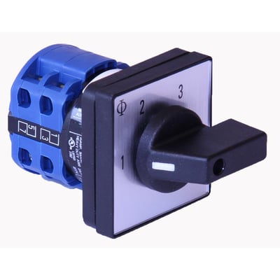 Kraus & Naimer trinomskifter CA10 A231-600 E, 1-polet, 20A, 1-2-3-4, med sort drejehåndtag og 48x48mm frontmontering.