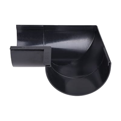 Plastmo indvendig 90° gering til 10" sort tagrende, fremstillet af holdbart plast, vist isoleret på hvid baggrund.