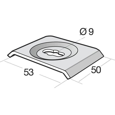 Skematisk tegning af Legrand Spændeplade CE 40 PG med dimensioner 53x50 mm og hul på Ø9 mm.