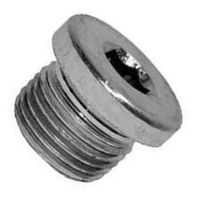 Cylindrisk bundprop M27x2 DIN 908 i A2 rustfrit stål med synlig indvendig 6-kant og gevind på en grå baggrund.
