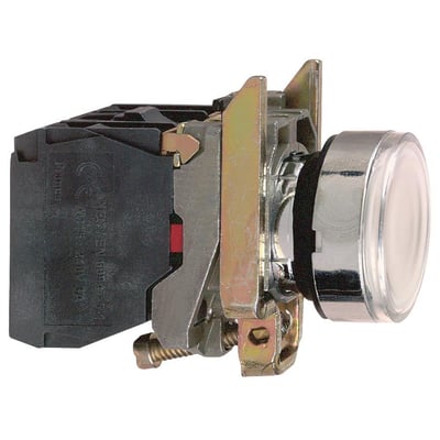Detaljeret sidevisning af Schneider Electric lampetryk XB4BW31M5, fremhæver monteringsdetaljer og 230V specifikation.