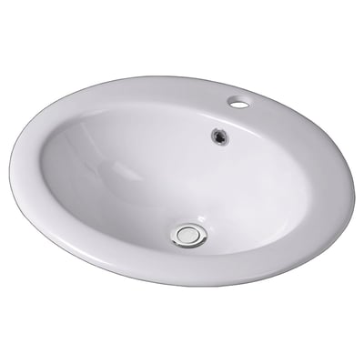 Hvid oval Lavabo Studio 510 porcelænshåndvask til nedfældning, set skråt ovenfra med hanehul, overløb og afløb.