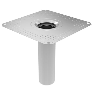 Blücher underdel til tagafløb med 400x400mm tagpap-flange og lodret ø110mm udløb i syrefast rustfrit stål.