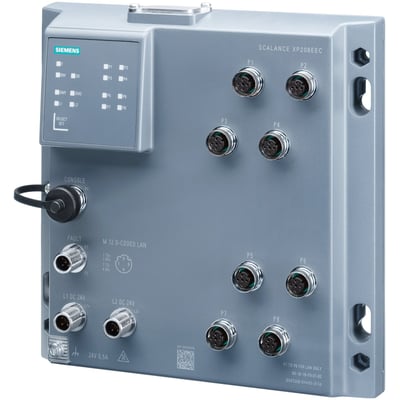 Siemens Scalance XP208EEC managed industri-switch med 8 M12-porte, LED-statusindikatorer og robust IP65/67-design.