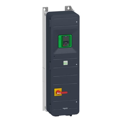 Schneider Electric Altivar Process frekvensomformer 55kW, 3x400V, IP55, med indbygget rød afbryder og grønt kontrolpanel.
