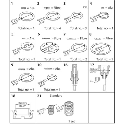 Oversigt over reservedele til Danfoss PMFL pumpe, størrelse 80-5, med illustrationer af forskellige pakninger og fjedre i aluminium og fiber.