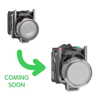 To komplette Schneider Electric lampetryk med hvid trykflade og 24V LED, vist i to vinkler med pil og 'Coming Soon' tekst.