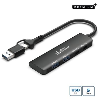 Sort MicroConnect Premium USB-hub med fire porte, to USB-A og to USB-C, samt kort kabel og 5 Gbps.