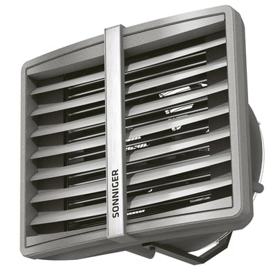 Sonniger CR2MAX EC varmeventilator på 25-70 kW set skråt forfra med grå frontjalousi og monteringsbeslag.