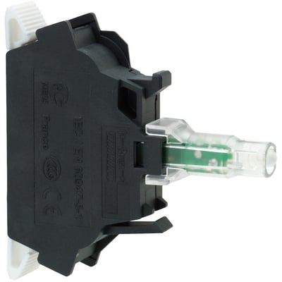 Nærbillede af Schneider Electric ZBVB15 lysmodul, der viser mærkat med produktinformation og IEC/EN 60947-5-1 standard, samt push-in klemme.