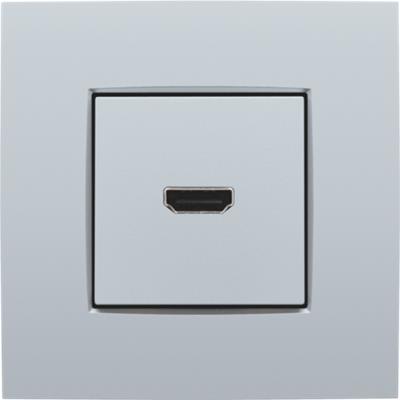 Niko HDMI udtag i sterling farve med monteringsramme og tydeligt synligt HDMI-stik for nem tilslutning.