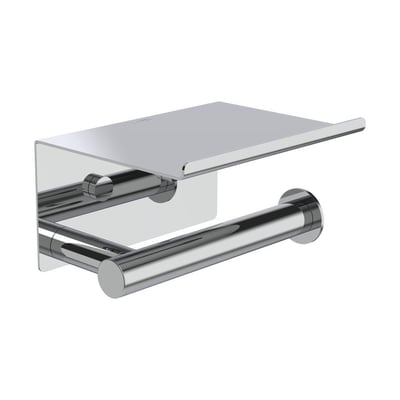 Forkromet LAUFEN Niara toiletpapirholder med låg og bagplade, vist skråt forfra med låget som hylde.