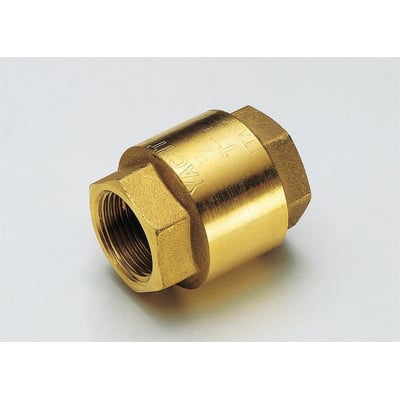 Messing kontraventil med muffe/muffe udformning og 1 1/4" gevind, egnet til vand, olie og luft.