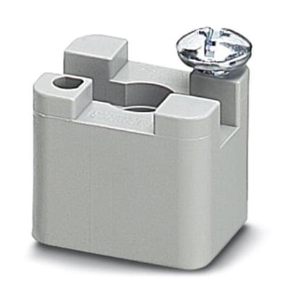 Detaljeret vinkel af grå Phoenix Contact montagebuk AB/SS, med synlig låseskrue og spor til samleskinne.