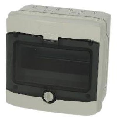 Fibox MCE65 8M gruppeafdækning i grå termoplast med mørk, gennemsigtig låge og drejelukning.